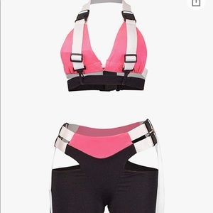 Pink and black buckle detailing two-piece rave set